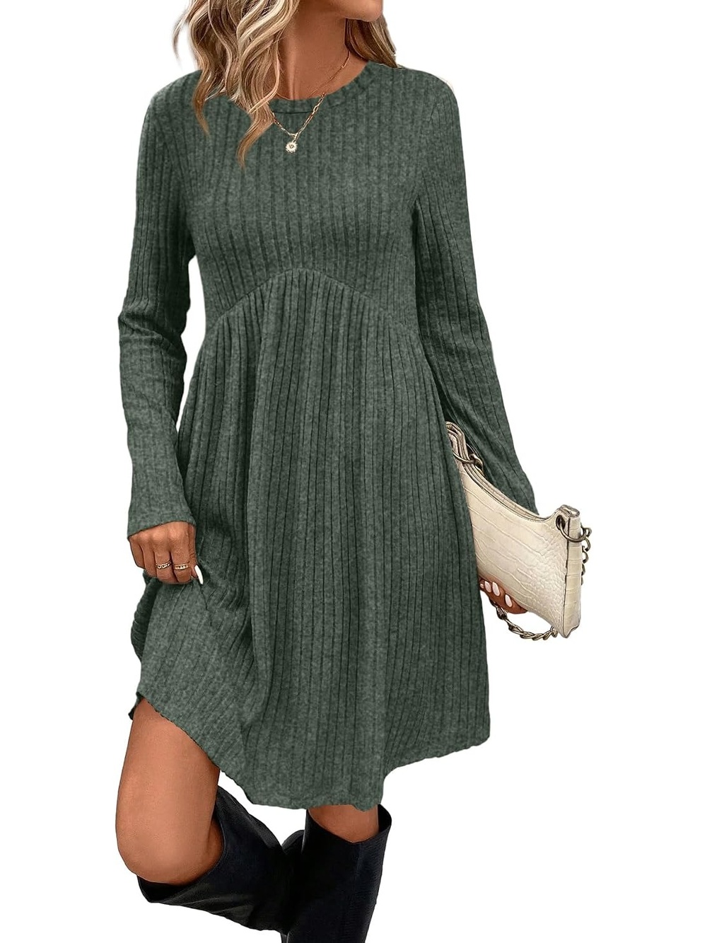🆕 Women's Green Ribbed Knit Babydoll Dress Long Sleeve Empire Waist Mini Top